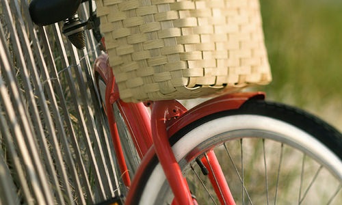 Image of bike leaning on fence with wicker basket.